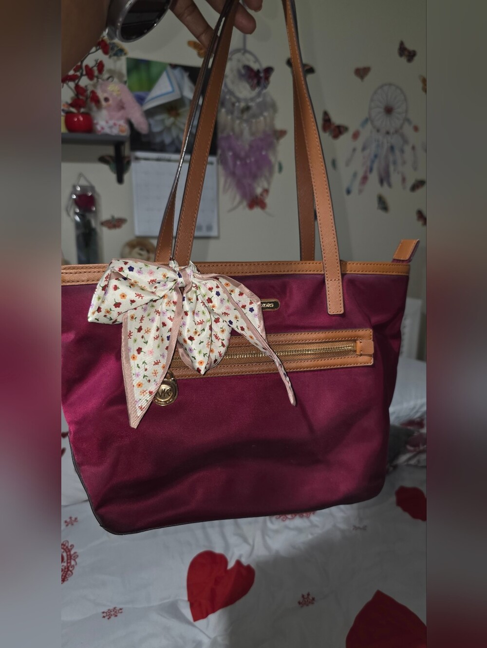 Michael Kors Wine Red Tote Bag with Floral Scarf Accent